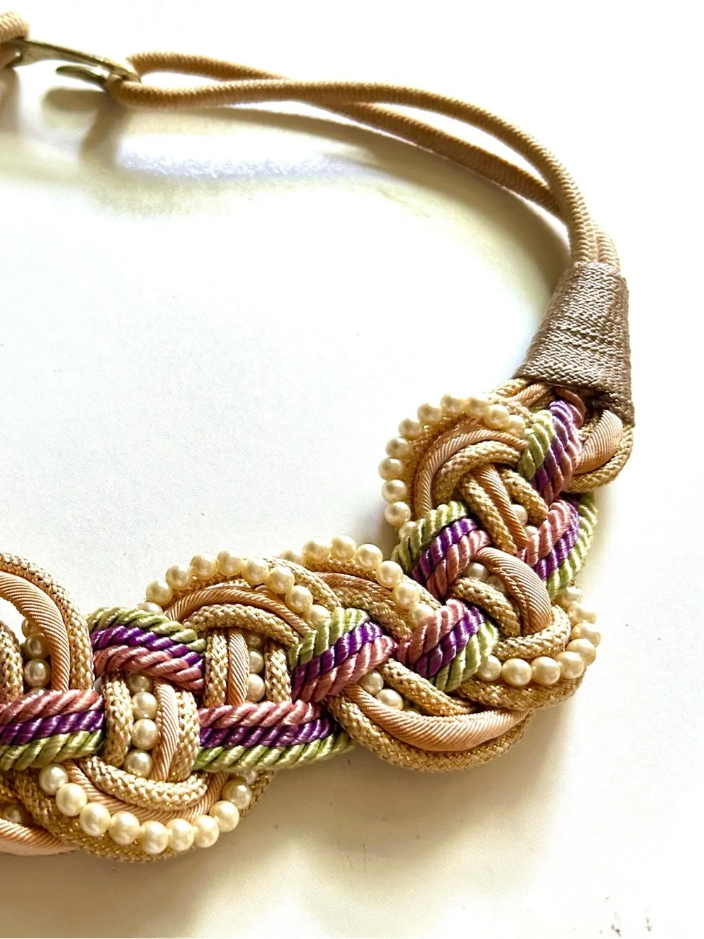 Beige Multi-Color Braided Statement Belt with Pearls - Women